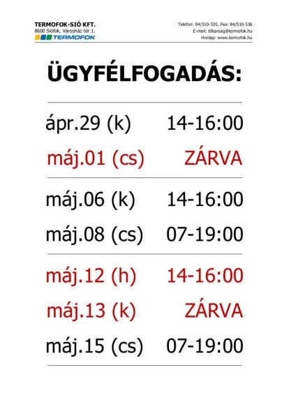 ÜGYFÉLSZOLGÁLATI NYITVATARTÁS VÁLTOZÁS!