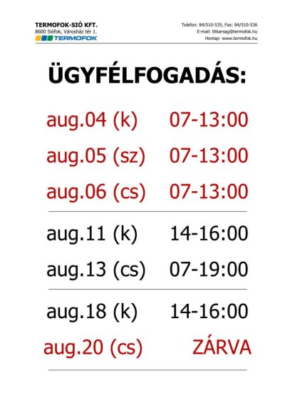 ÜGYFÉLSZOLGÁLATI NYITVATARTÁS VÁLTOZÁS!