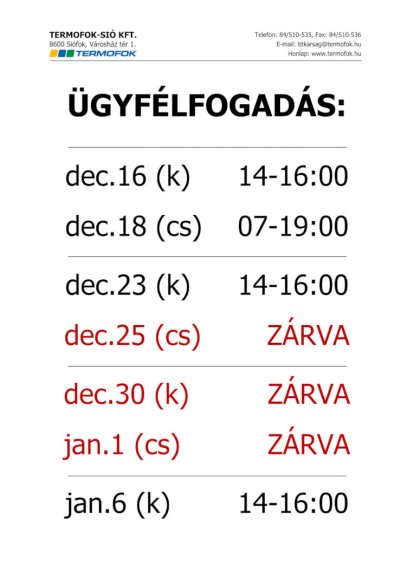 ÜGYFÉLSZOLGÁLATI NYITVATARTÁS VÁLTOZÁS!