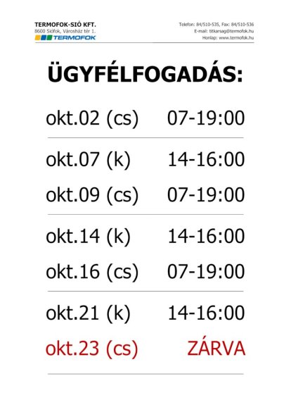 Ügyfélfogadási iroda október havi nyitvatartása